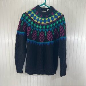 Vintage Forenza Mohair Blend Fair Isle Sweater Black Multicolor 80s 90s Size M